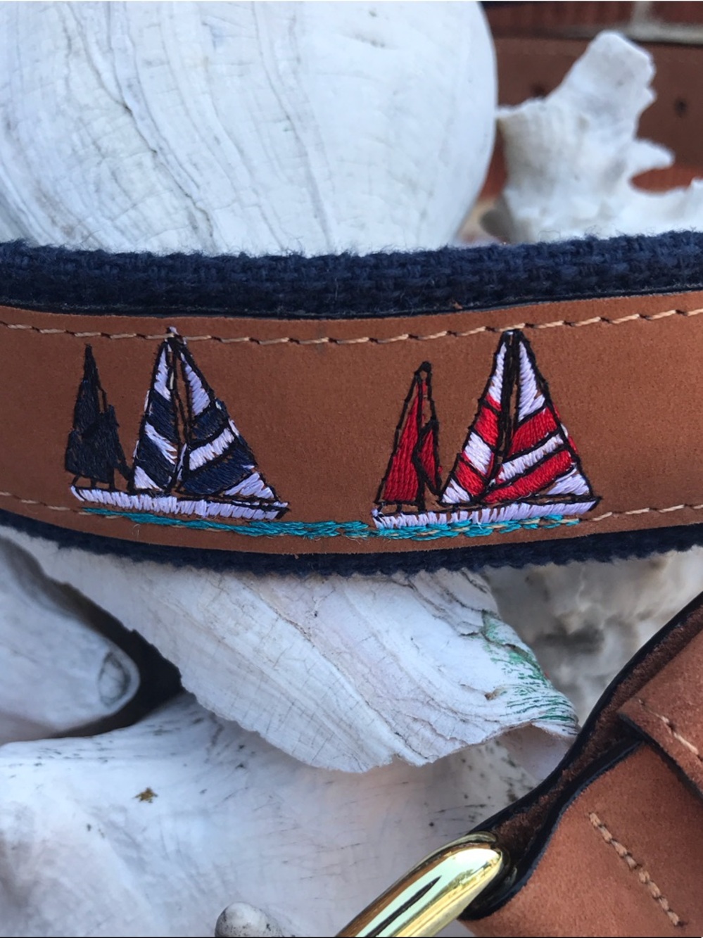 West Marine Tan Leather Belt with Embroidered Sailboats Size 34 - Picture 3 of 13